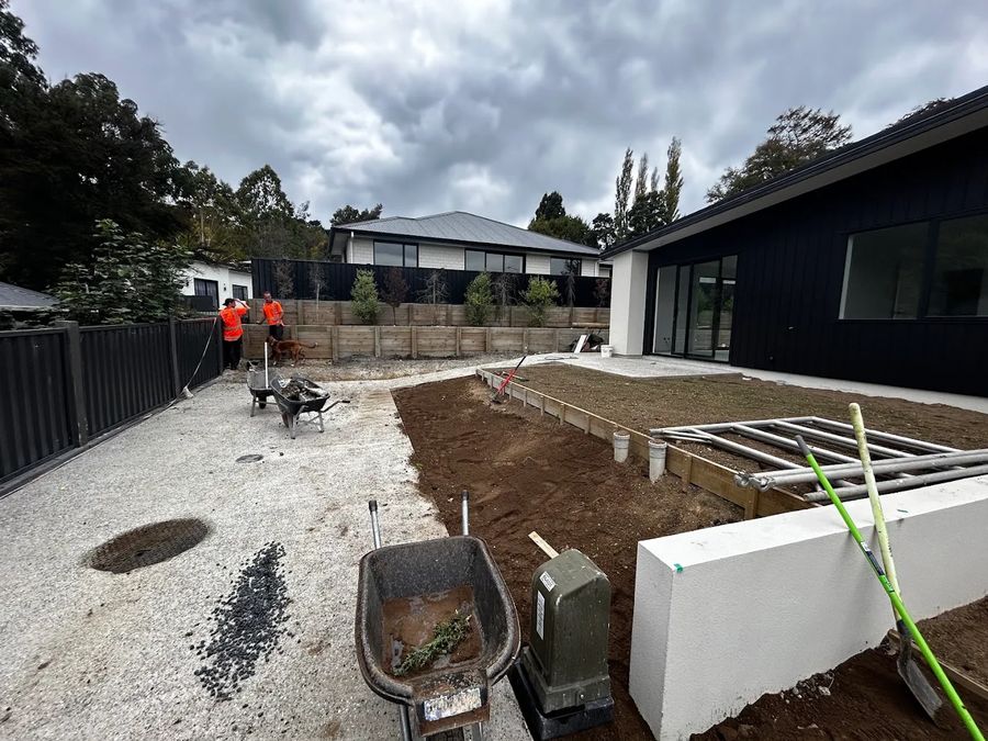 New landscaping under way outside a modern house